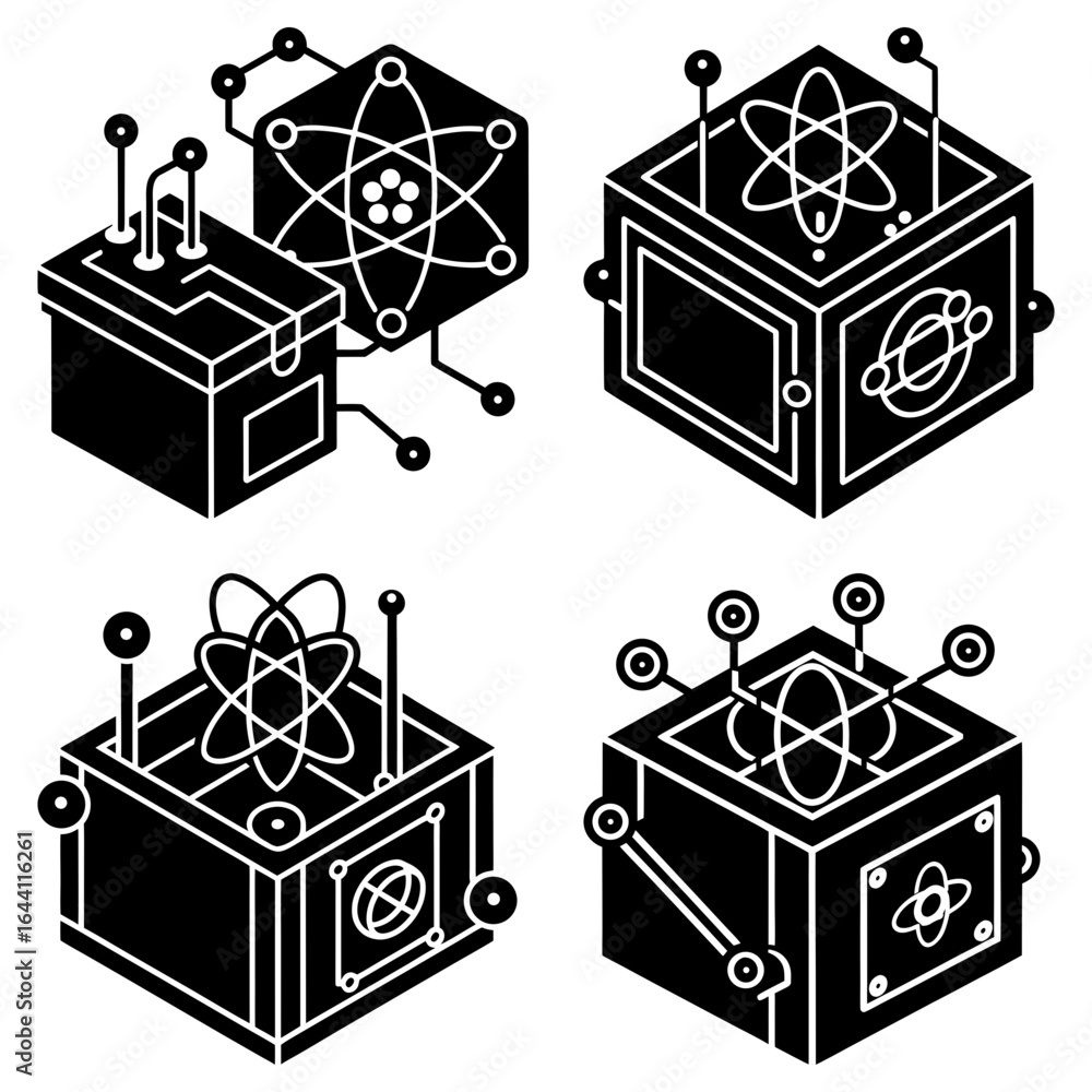 Poster isometric illustration of four science themed boxes with atoms and connected circuits design element
