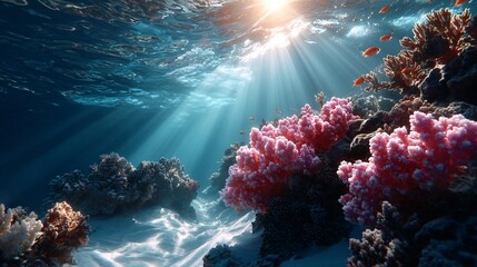Obraz premium Sunlight pierces through the ocean's surface, illuminating vibrant coral reefs and marine life in a stunning underwater scene.