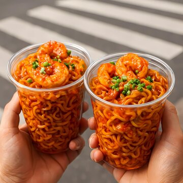 Spicy Shrimp Noodles in Clear Cups &ndash; Street Food on the Go