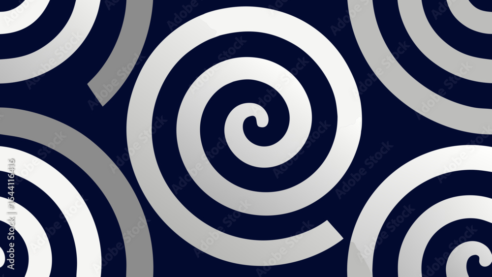 Poster repeating abstract swirls and arcs in white and gray on dark blue background spiral pattern