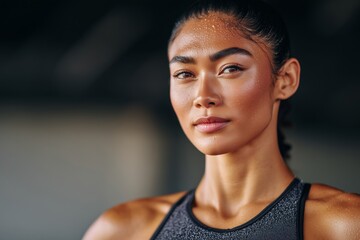 Athletic woman with glistening skin, wearing a black sports top, gazes confidently at the camera, showcasing strength and determination in a fitness environment