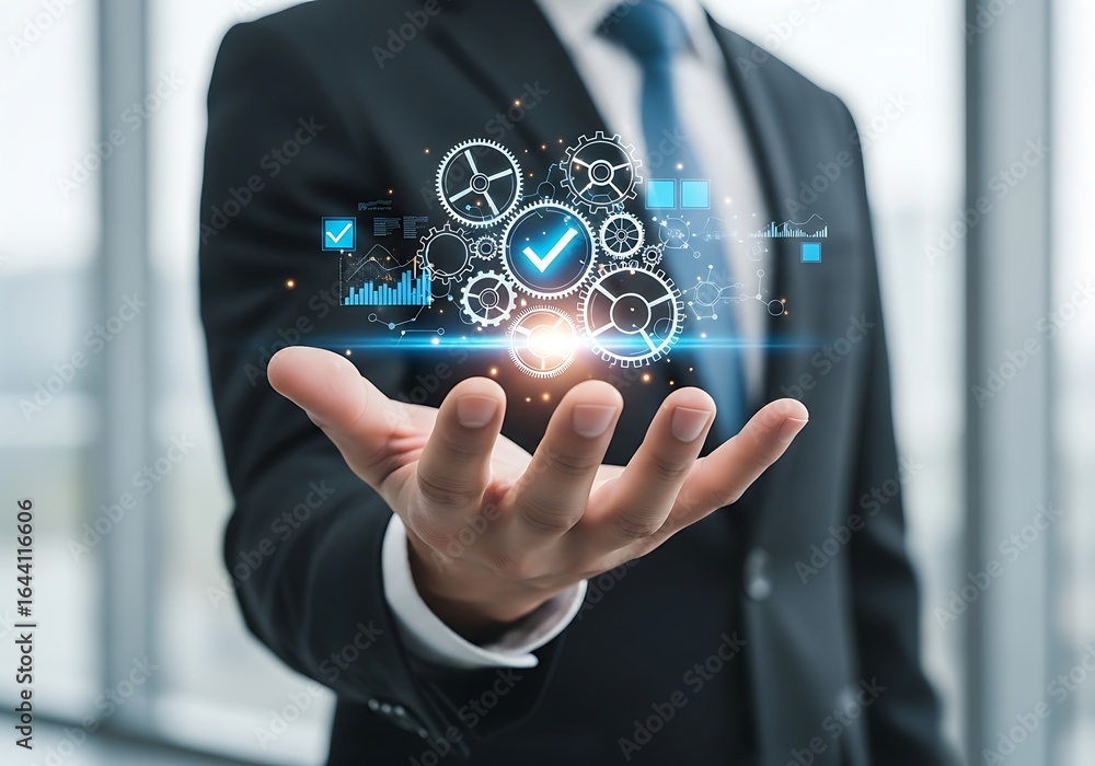 Poster businessman presents a glowing digital interface showcasing gears data and a checkmark symbolizing s