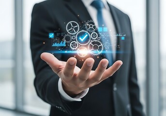 Businessman presents a glowing digital interface showcasing gears data and a checkmark symbolizing successful operations and progress