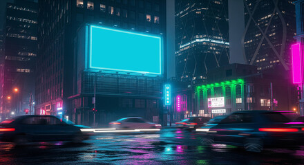 Outdoor billboard mockup on a busy urban street at night, neon reflections on wet pavement, cinematic cyberpunk tones