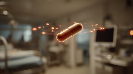 Microchip pill in sharp focus midair emitting animated wireless pairing signals toward a handheld device softened hospital setting seen behind for depth.