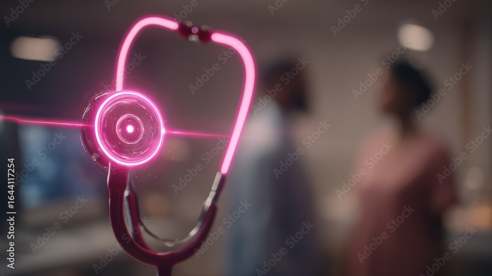 Poster medium shot showcasing a smart stethoscopes digital twin interface glowing brightly device in sharp 