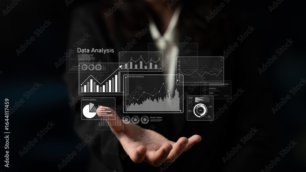 Poster business data analysis dashboard showing charts, statistics, and performance metrics for decision-ma