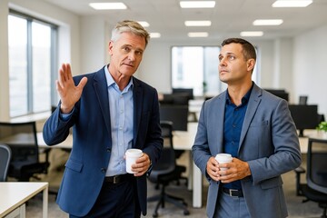 Two Businessmen Engaging in Conversation While Holding Coffee Cups in a Modern Office Environment