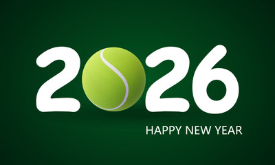 Vector holiday greeting card for Happy New Year 2026 with tennis ball replacing zero, festive sports-themed poster template for social media, celebration, and seasonal design
