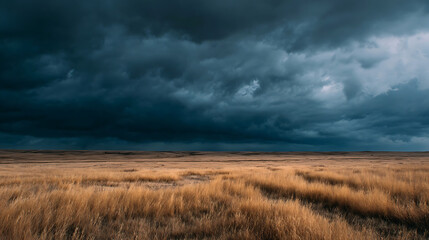Golden prairie under dark brooding storm clouds grassland dry grass