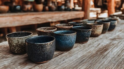 Fototapeta premium Handcrafted ceramic cups arranged on a wooden surface.