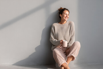 woman relaxing with steaming coffee mug in her hand exuding tranquility and warmth