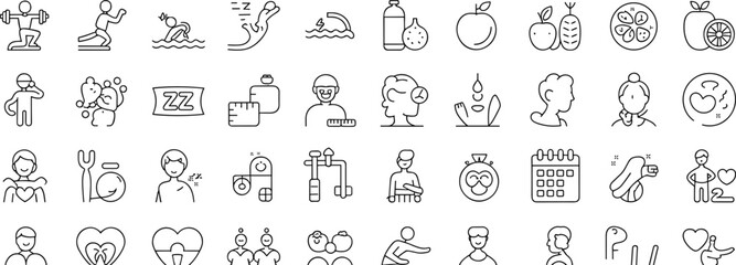 Health and wellness icons, fitness exercise symbols, nutrition fruits, sleep quality, hydration, meditation, heart care, gym workout, mental health vector set