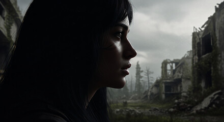 Solemn Gaze of a Survivor A Cinematic Profile Amidst Desolation.