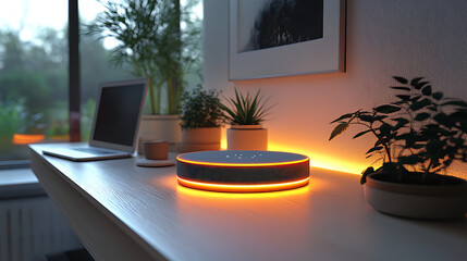 Smart home hub, minimalistic design with soft glowing ring, professional diffused studio lighting, sharp focus on the touch interface and speaker grill, cinematic low-angle shot, 8K UHD, warm 