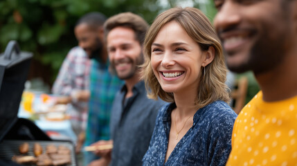 Community Barbecue Gathering in Suburban Backyard on Sunny Day