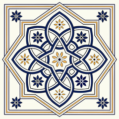 Traditional Arabic Geometric Pattern Vector – Seamless Islamic Art Design in Blue and Gold
