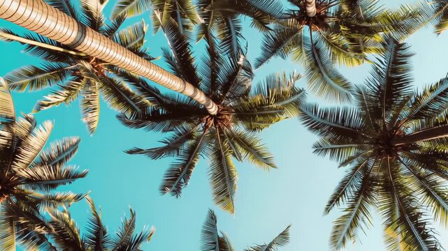 Slow-motion stock footage of two tropical palm trees set against a clear blue sky, with close-up shots of their leaves.