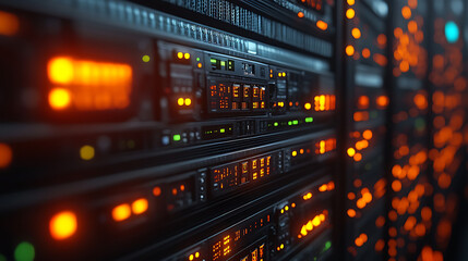 Naklejka premium Server rack with glowing indicator lights, meticulously organized cables, professional overhead lighting casting dramatic shadows, sharp focus on the individual server units and ports, cinematic 
