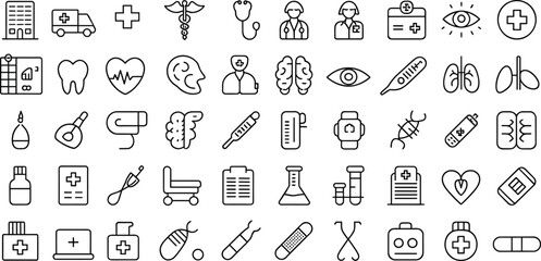 Medical line icons set, healthcare vector symbols, hospital equipment illustration, doctor tools, health service signs, minimal outline design