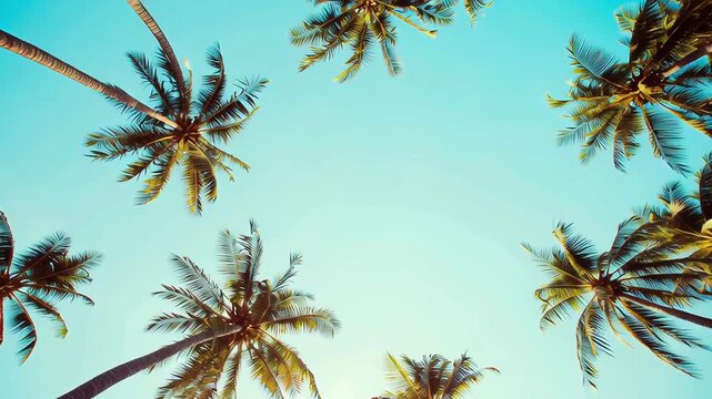 Slow-motion stock footage of two tropical palm trees set against a clear blue sky, with close-up shots of their leaves.