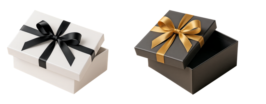 Elegant open gift boxes with decorative bows isolated on transparent background, white box with black ribbon and black box with gold ribbon, luxury packaging design for celebration and presentation