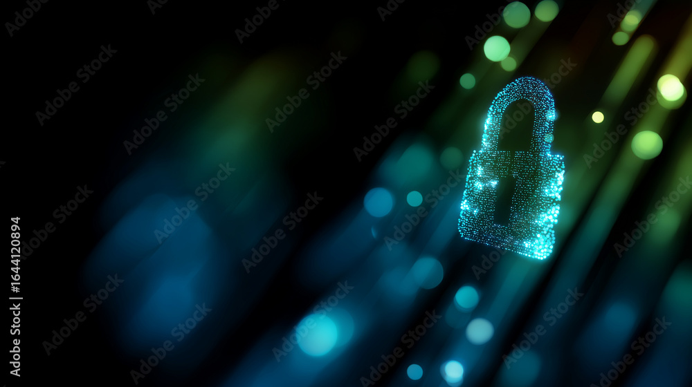 Poster cybersecurity concept with digital lock and data streams