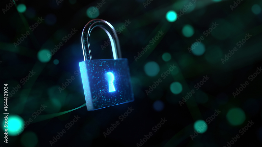 Poster cybersecurity concept with digital lock and data streams