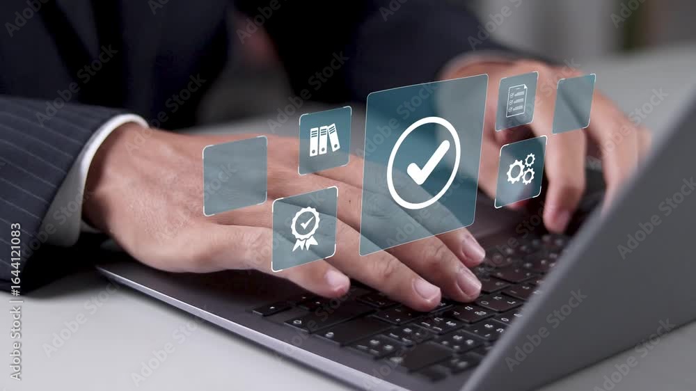 Poster quality management and validation process concept. businessman using laptop with quality assurance i