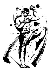 Obraz premium Muay Thai Fighter in Ink Wash Painting – Kickboxing Martial Arts Pose