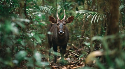 Saola cautiously stepping through thick Laotian forest undergrowth a rare sighting in the wild