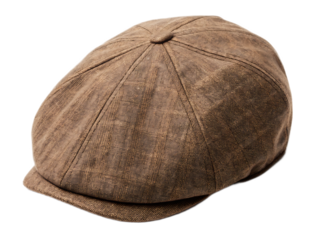 A close up shot of a brown newsboy hat with a button on top and a short brim in the front view isolated