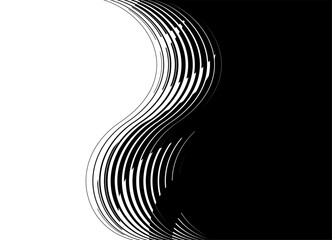 Smooth vector transition from black to white. Abstract wave of thin lines. Divided two-color background. Design element for covers, advertising, packaging, video. Vector background. Hair, pattern