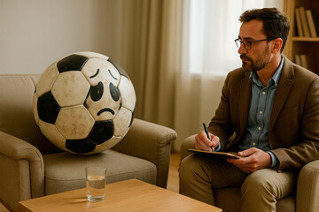 Psychological session of a soccer ball with a painted sad face.