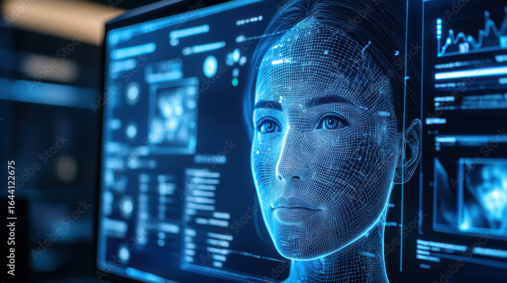 Poster futuristic human-machine interface with digital facial recognition and data analysis