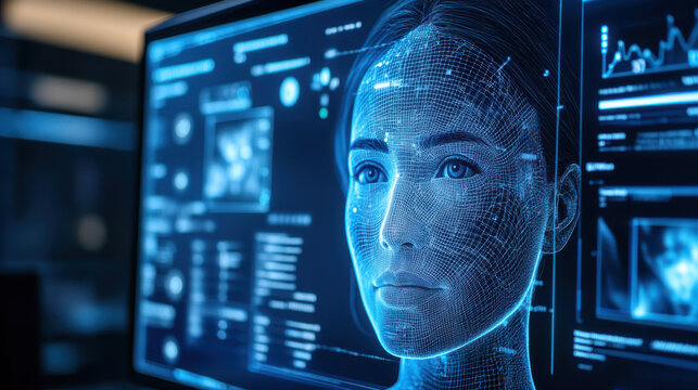 Futuristic human-machine interface with digital facial recognition and data analysis
