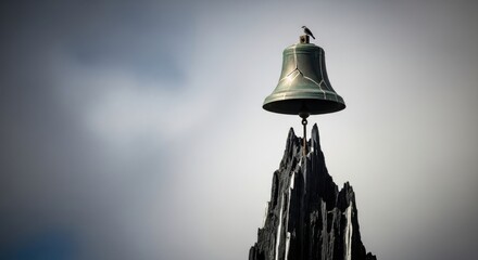 A bird perches on a large bell atop a jagged spire against a cloudy sky