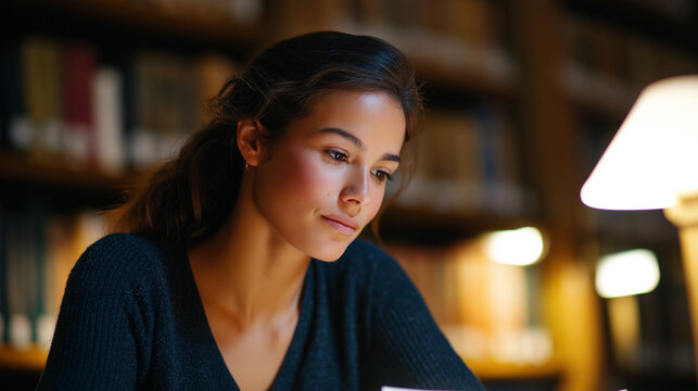 A dedicated student studies in a traditional library
