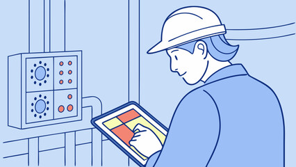 Predictive Maintenance: Engineer Reviewing Heat Patterns on Tablet - Cartoon Vector Illustration
