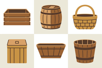 Barrel and cask icons, wooden keg vector, winery storage illustration, vintage brewing clipart, craft beverage label