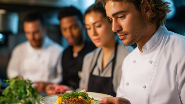 A professional chef teaches plating skills in a stylish kitchen