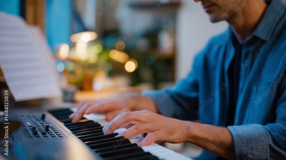Aufkleber musician composing music in home studio with keyboard and computer
