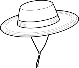 Wide brim hat illustration, flat top design, chin strap detail, sun protection accessory, line drawing style, isolated white background