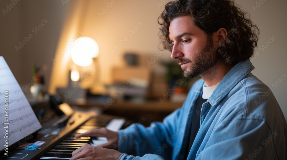Poster musician composing music in home studio with keyboard and computer