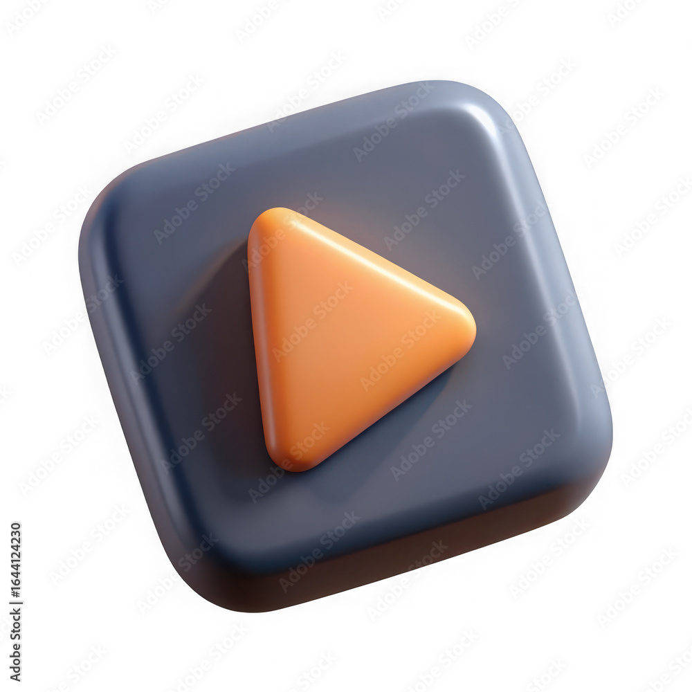 Poster 3d rendered orange play button icon on a rounded gray square isolated on transparent background