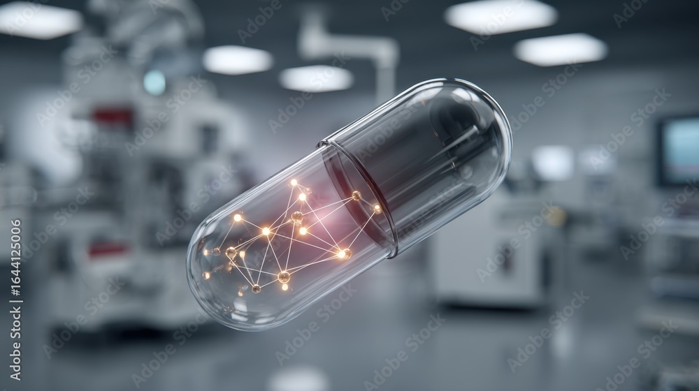 Poster sharp medium shot of a semitransparent ingestible microchip pill with animated network nodes linking