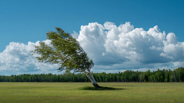 Lone tree bending against dramatic sky and lush green field wind storm
