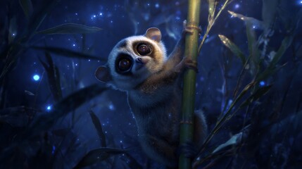 Slow loris clinging to a bamboo stalk under a starlit jungle sky wide eyes glowing softly