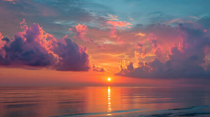 Fiery sunset over calm ocean waters reflecting vibrant sky colors clouds reflection