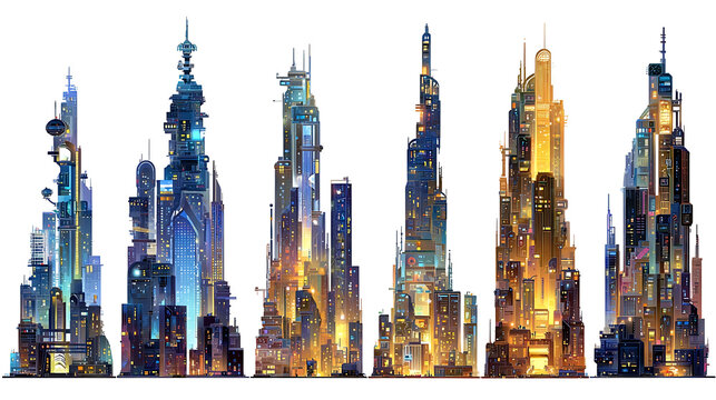 Illuminated futuristic cityscapes with diverse architectural styles and vibrant lighting skyscrapers